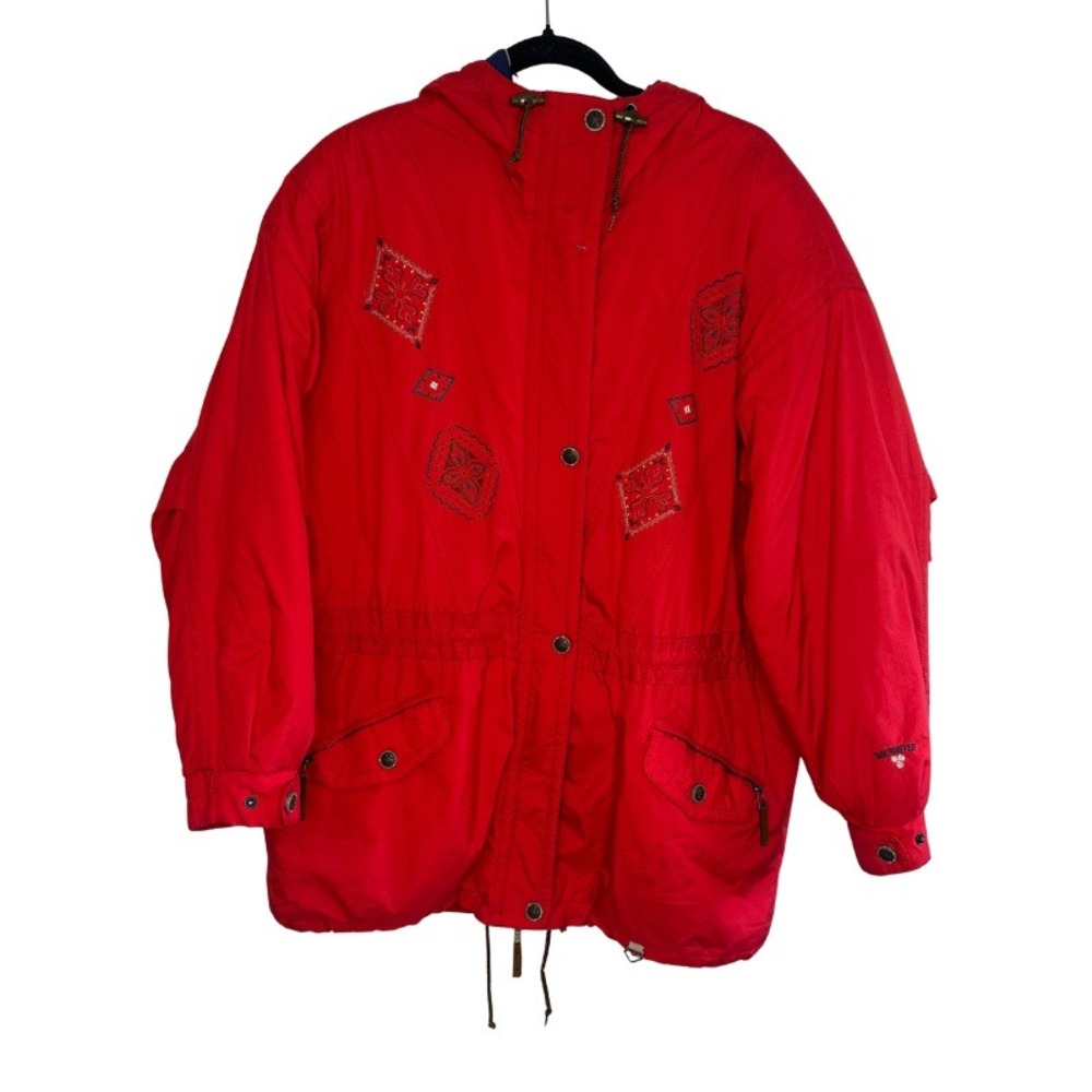 VTG Obermeyer Womens Ski Jacket Parka Red Patchwork 90s Cinch Waist Gorpcore 12